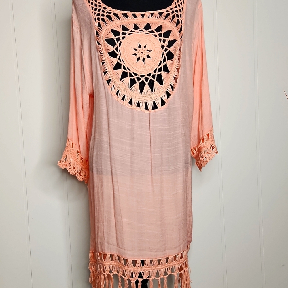 NEW peach crochet Celestial Cut-out boho hippie long sleeve beach coverup